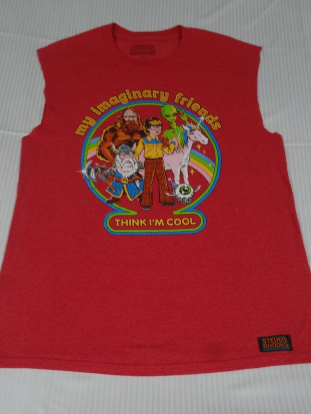 STEVEN RHODES IMAGINARY FRIENDS THINK IM COOL RED MED TANK CUT SLEEVE SHIRT M54